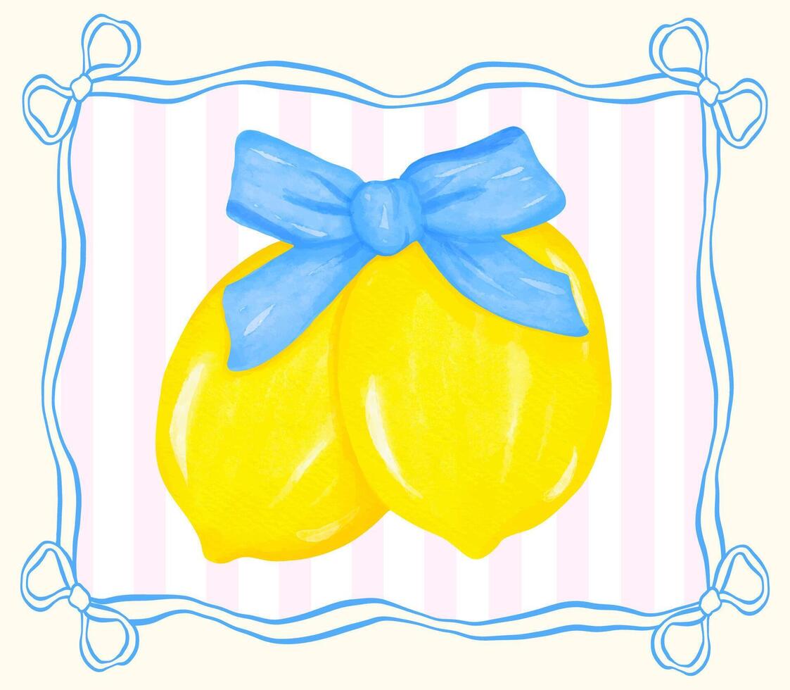 Coquette Lemons with Blue Bow Watercolor, Girly Summer Vintage Preppy printable vector