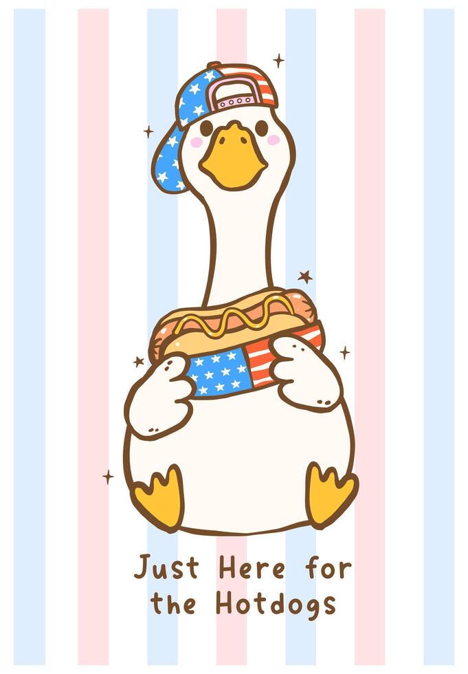 Cute 4th of July Silly Goose with American Flag Hat and Hotdog Hand Drawn Doodle Illustration, here for hotdog vector
