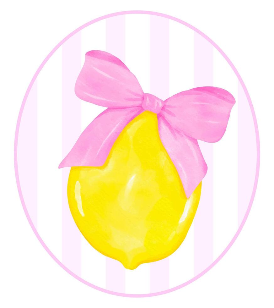 Coquette Lemon with Pink Ribbon Bow Watercolor in Oval Preppy Frame, Girly Summer Vintage wall art printable vector