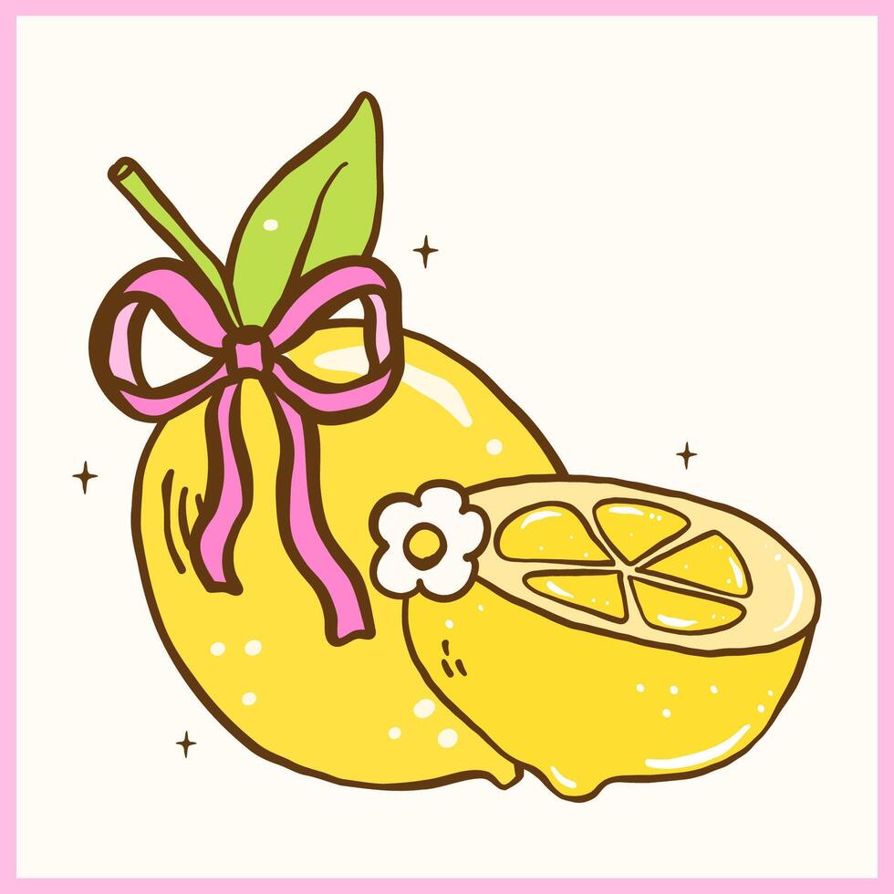 Cute Farmers Market Kawaii Yellow Lemon with Ribbon Bow Playful Doodle Girly Hand Drawing vector