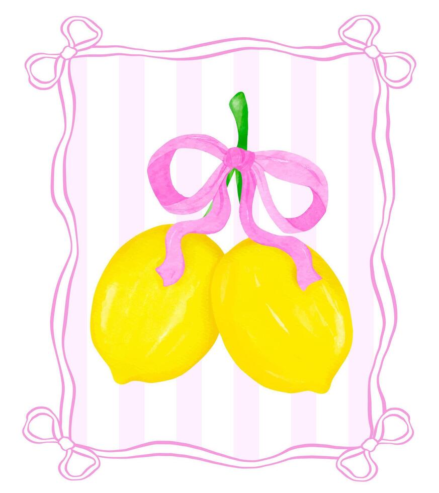 Coquette Lemons with Pink Ribbon Bow Watercolor in Preppy frame, Girly Summer Vintage wall art printable vector