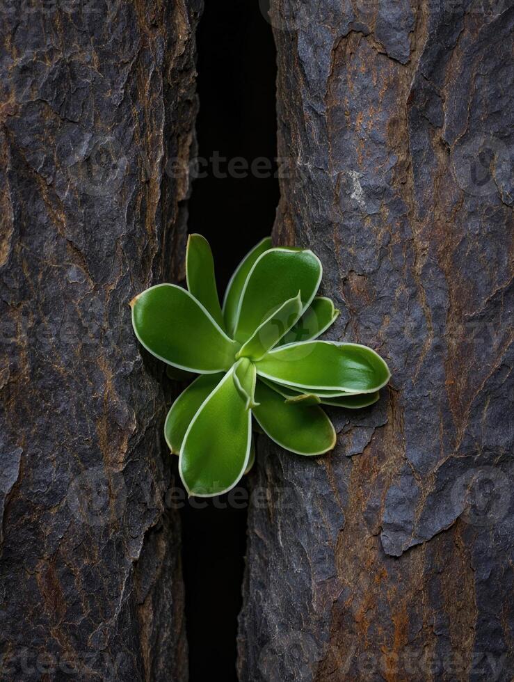 Green succulent thriving between two pieces of bark in a natural setting photo