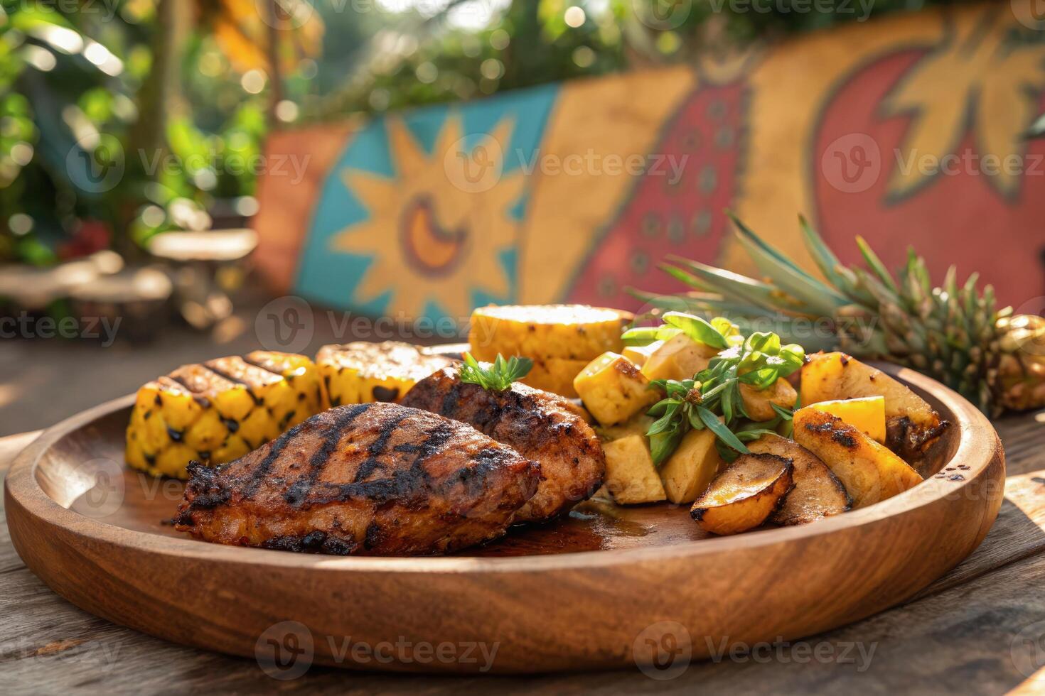Savoring Caribbean jerk chicken with grilled pineapple and fresh greens in a tropical setting photo