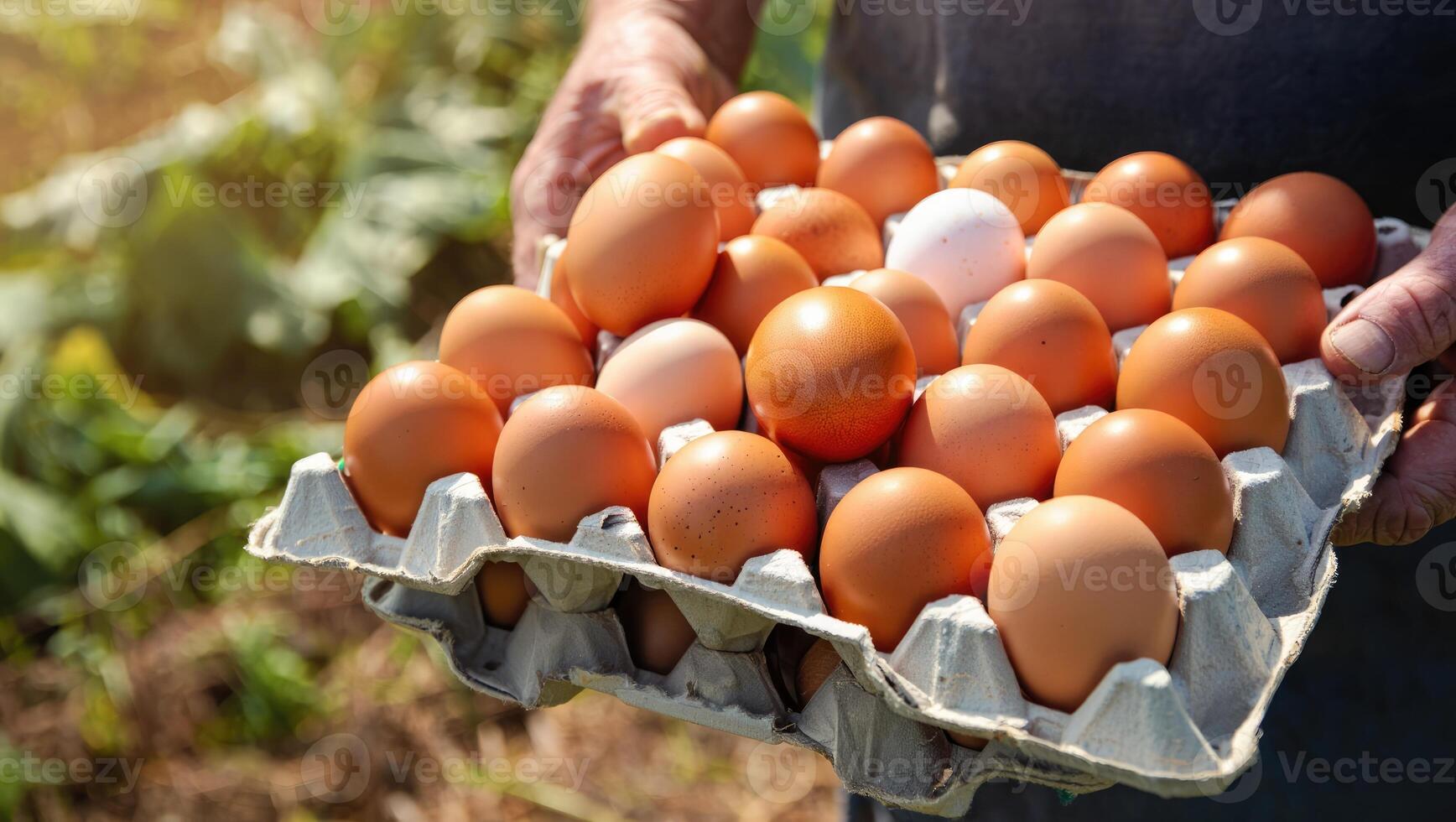 Freshly harvested eggs collected in a carton held by a farmer in a sunny field setting photo