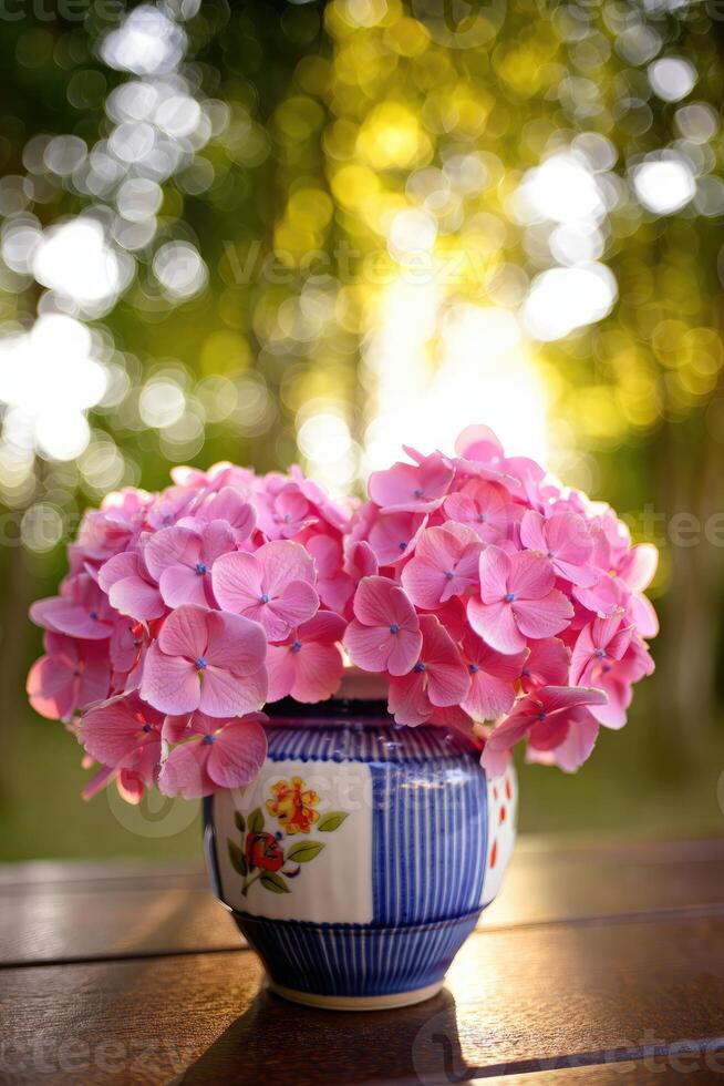 Beautiful pink hydrangeas in a decorative vase on a wooden table during golden hour photo