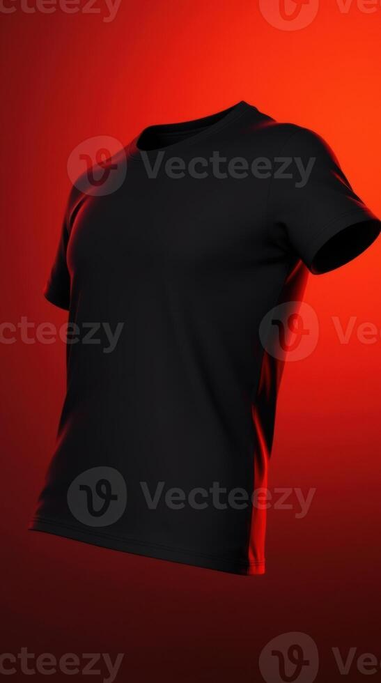 Realistic black t-shirt mockup with studio lighting on red. Clean and bold, perfect for ecommerce, branding, fashion design assets, or custom shirt presentations. photo