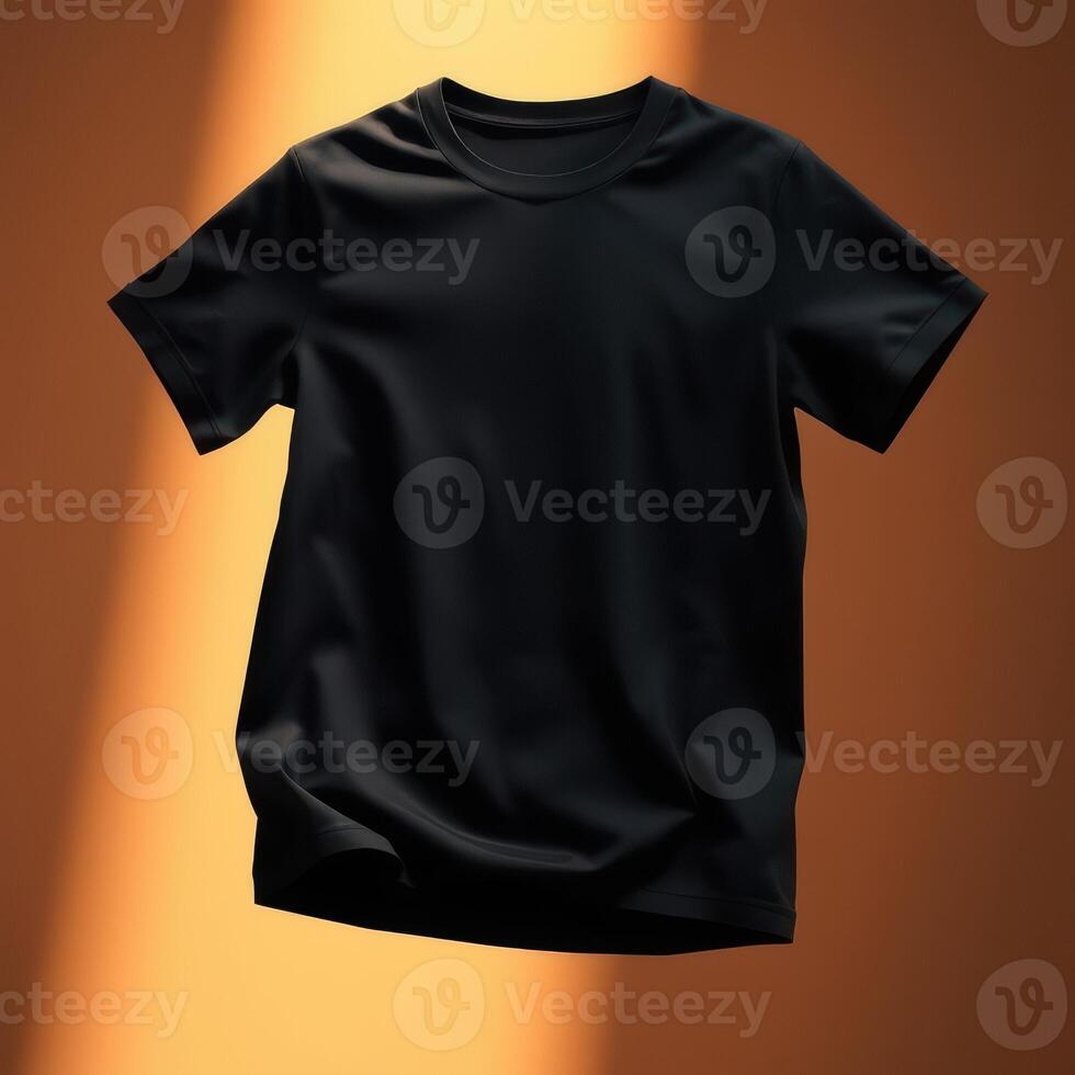 Black t-shirt mockup floating on warm spotlight background. Ideal for fashion branding, ecommerce product display, apparel design, and print-on-demand. Clean, isolated, high-resolution. photo