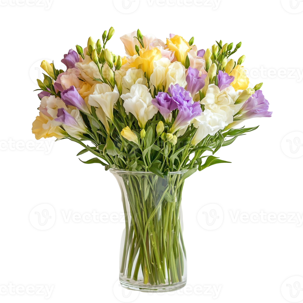 Elegant Freesia Bouquet in Clear Vase png