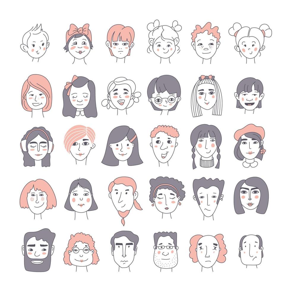 Big set of hand-drawn doodle faces. Simple avatar portrait of men, woman various ages for social media, apps, icons, website vector