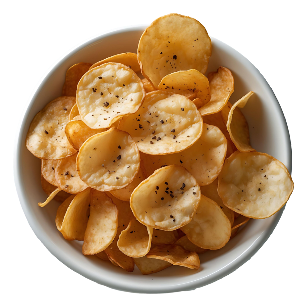 Bowl of Crunchy Potato Chips Perfect for Snack Ads and Menus png