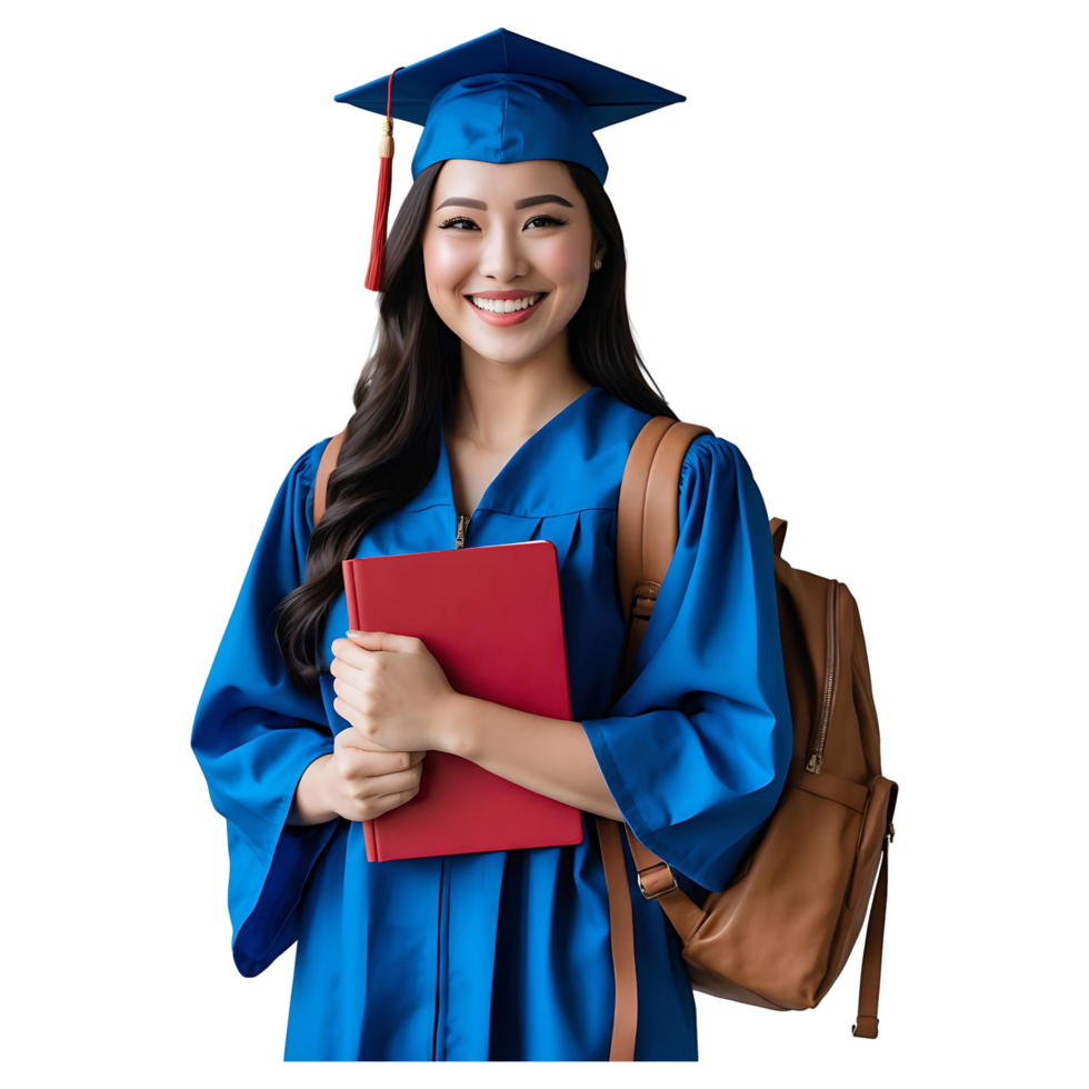 Young Woman in Graduation Attire with Backpack and Book Back to School Stock Photo png