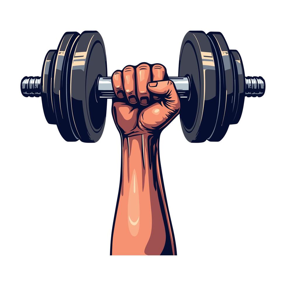 Illustration of a Hand Holding a Dumbbell, Powerful Arm Holding Dumbbell on White Background, Fitness Logo Concept with Athletic and Gym Designs vector