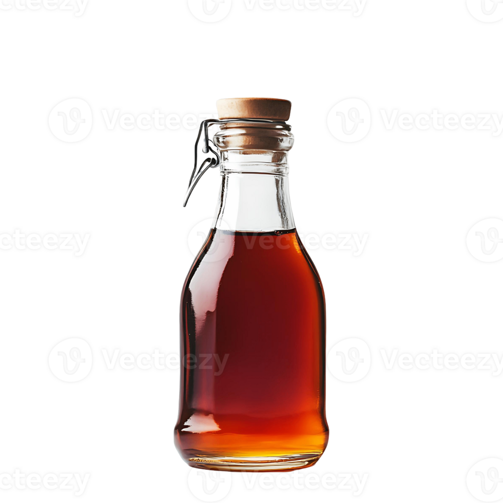 Dark Syrup in Clear Glass Bottle with Cork png