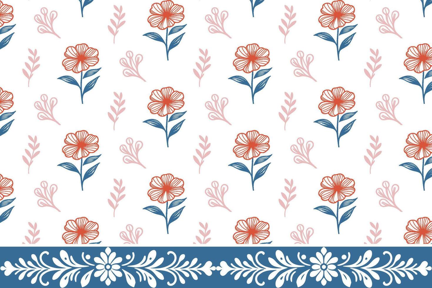 outline repeat embroidery. floral sketch texture. seamless one line design. textile botanical pattern. drawn petal elements. border modern artwork vector