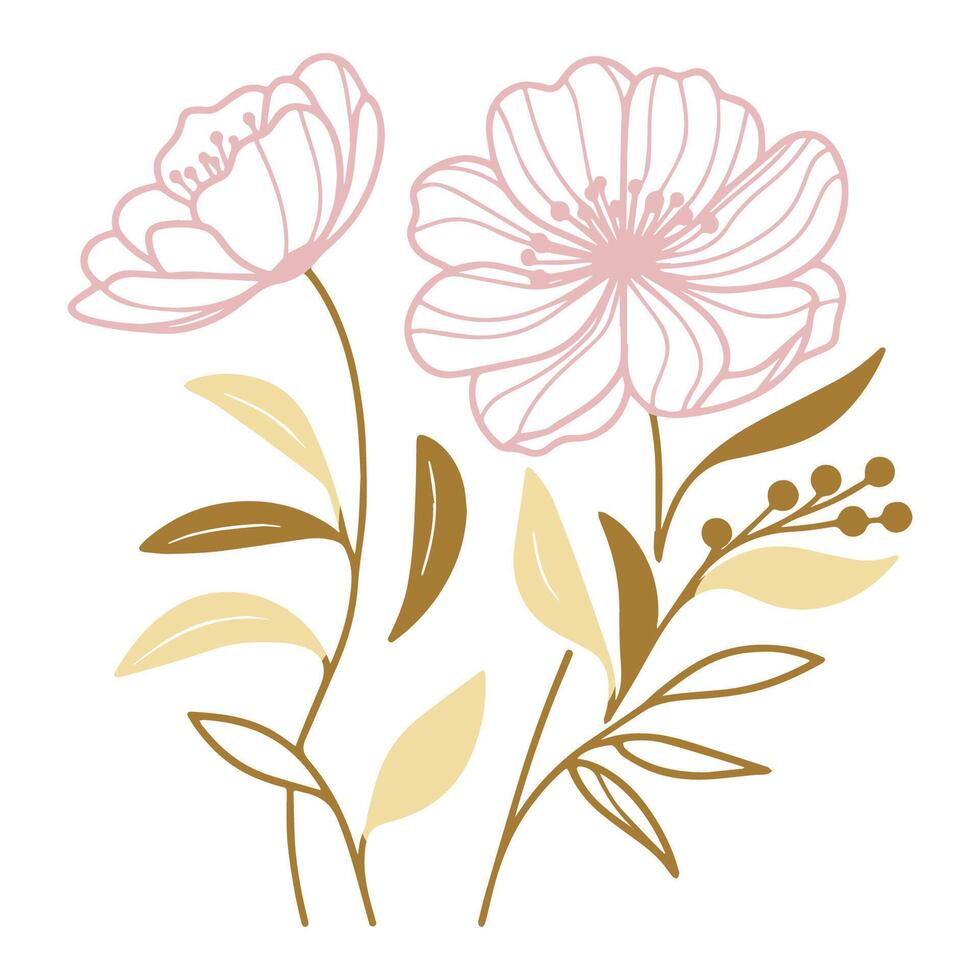 Floral outline sketch. Hand painted botanical art. Minimalist floral design. Fine print cushion pattern. Modern artwork. vector