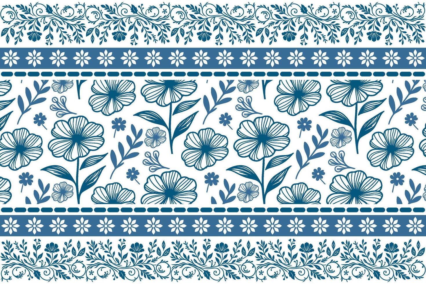blue floral wallpaper sketch. one line border style. minimal flower petals. elegant seamless pattern. botanical outline repeat. modern textile background vector