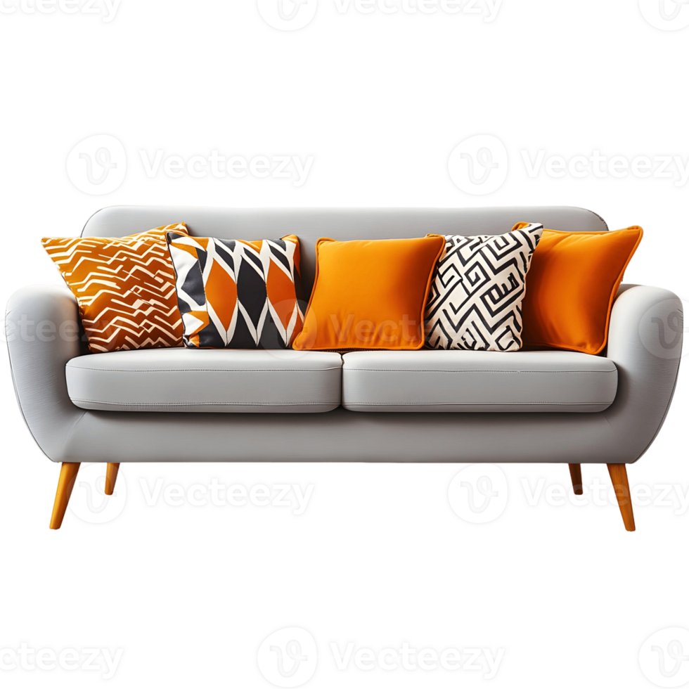 Modern Sofa in Light Gray with Warm Accent Cushions png