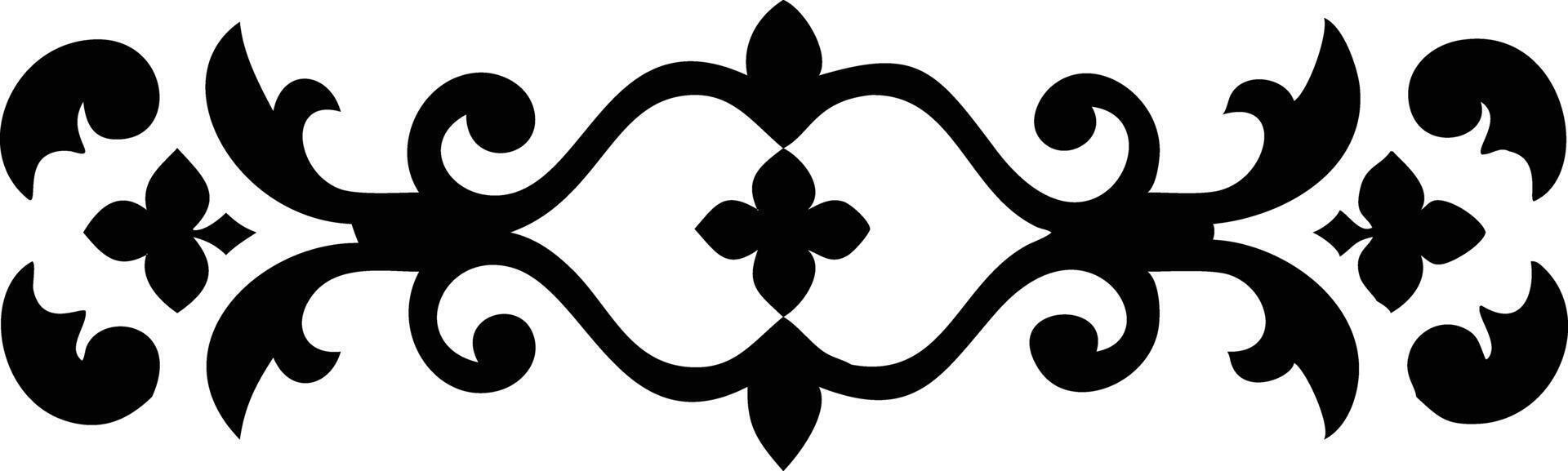 Black ornate floral divider features scrolling leaves and stylized flowers symmetrically arranged on white vector