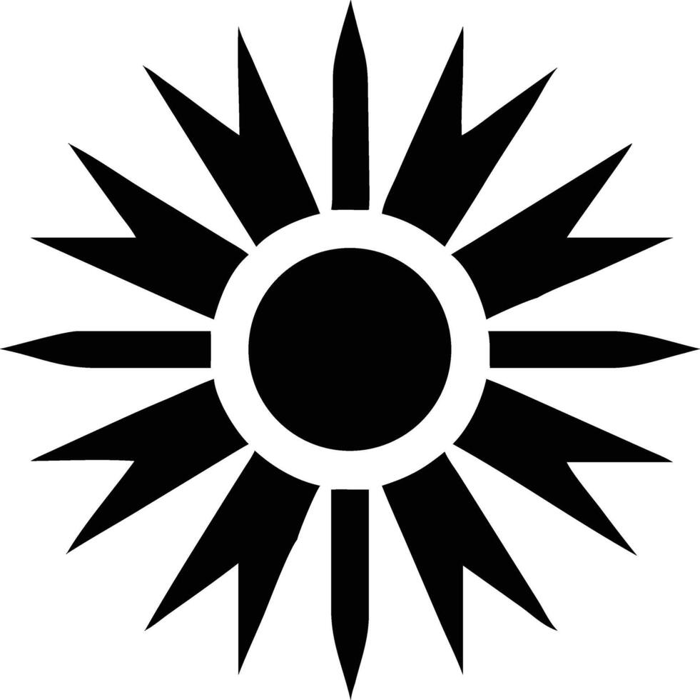 Black sunburst design displays central circle with radiating geometric shapes against a white background vector