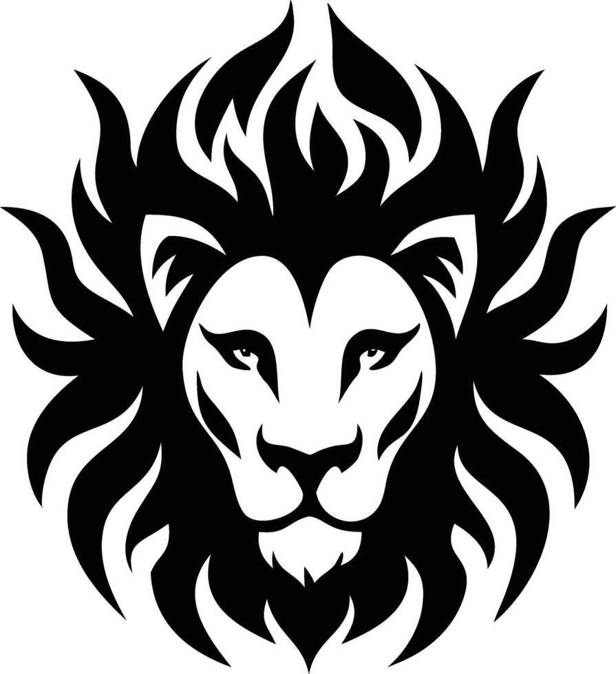 Bold stylized lion head with a striking mane is presented in black and white vector