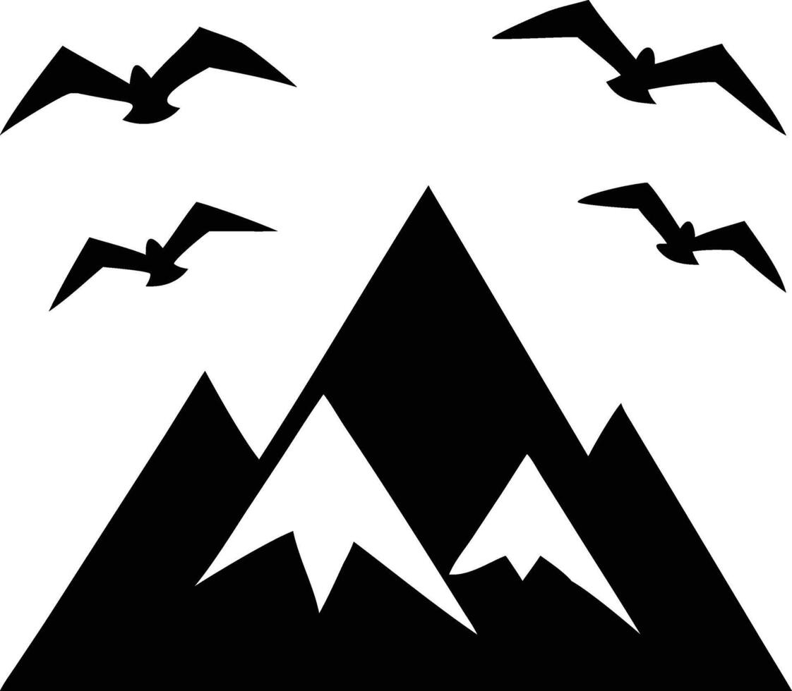 Four birds fly above silhouette mountain peaks against a white scenic background vector