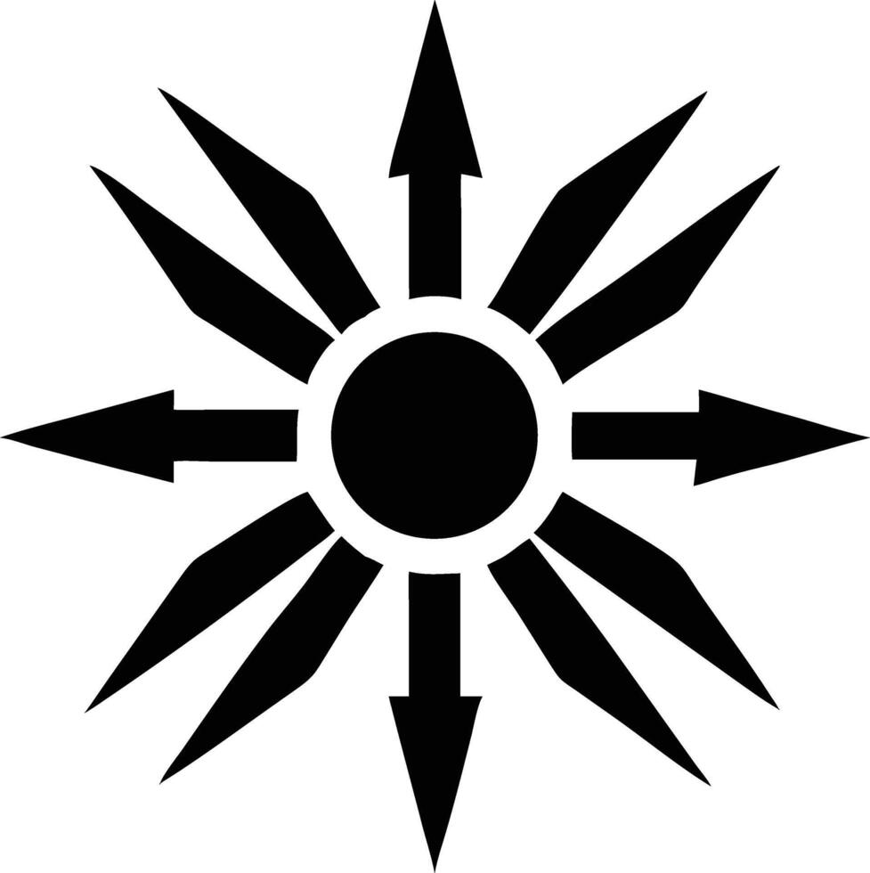 Black arrows radially extend outward from a central circle in a precise, symmetrical pattern vector
