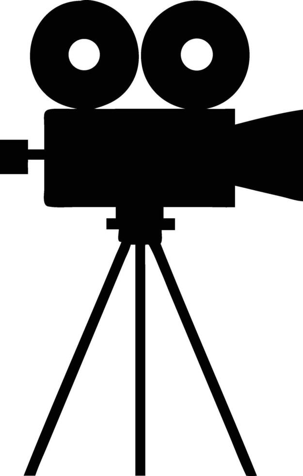 Black silhouette of classic movie camera placed on stable tripod stands against white background vector