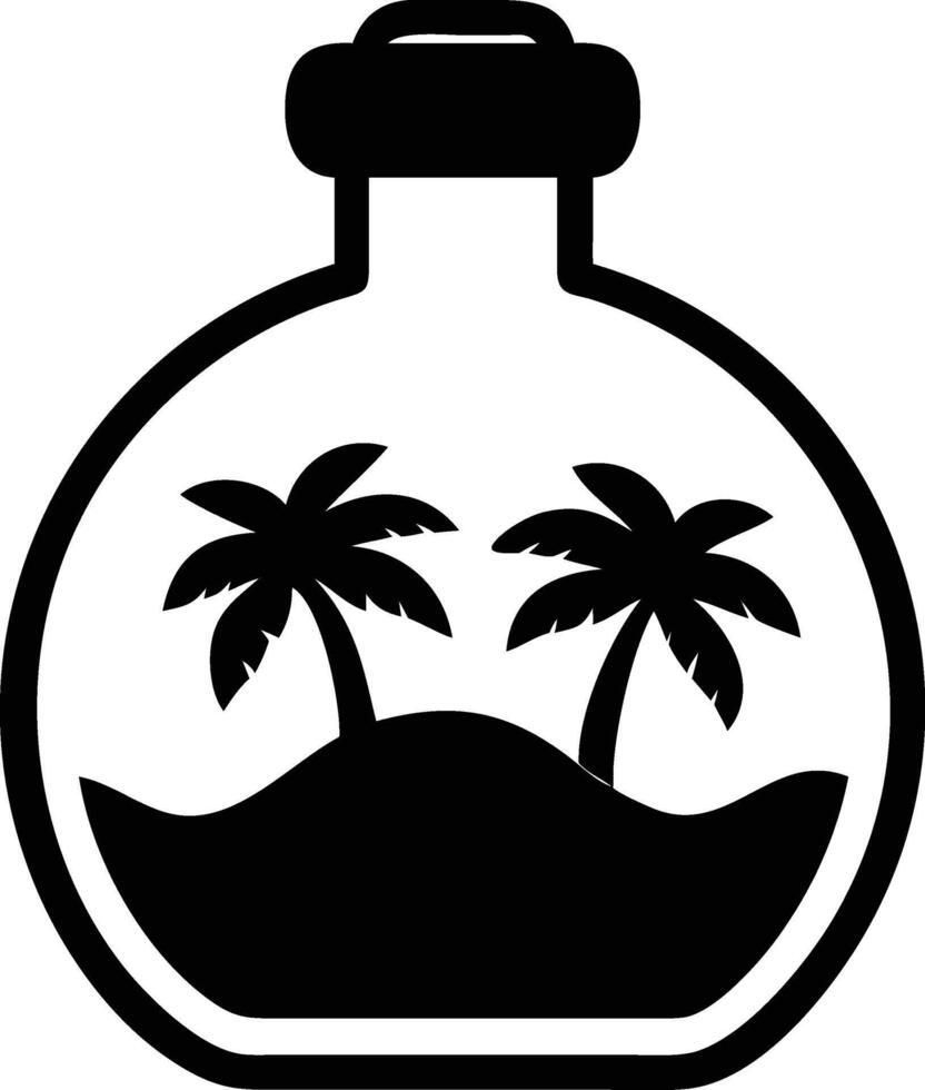 Black bottle with palm tree beach presents a tropical island getaway vacation vector
