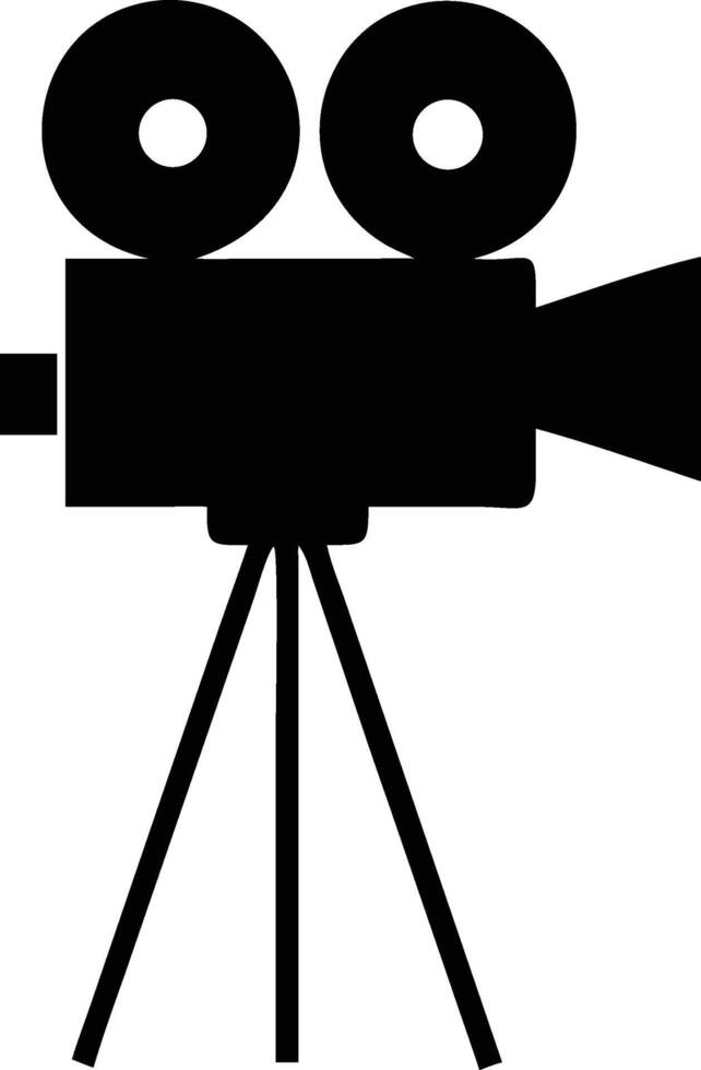 Black silhouette showcases vintage film camera mounted upon tripod legs on white background vector