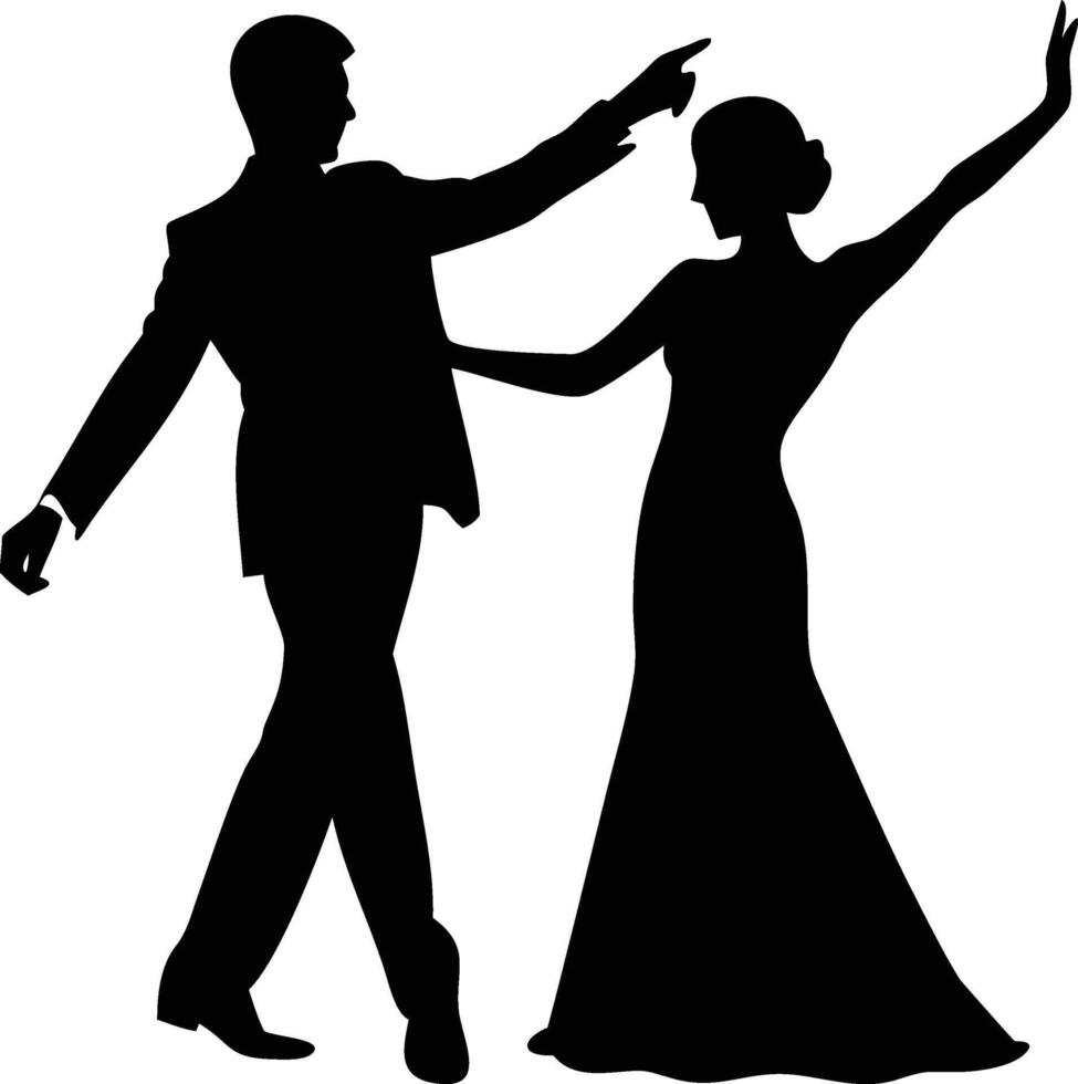 Elegant silhouette art shows formally dressed couple dancing in unison with smooth gestures vector