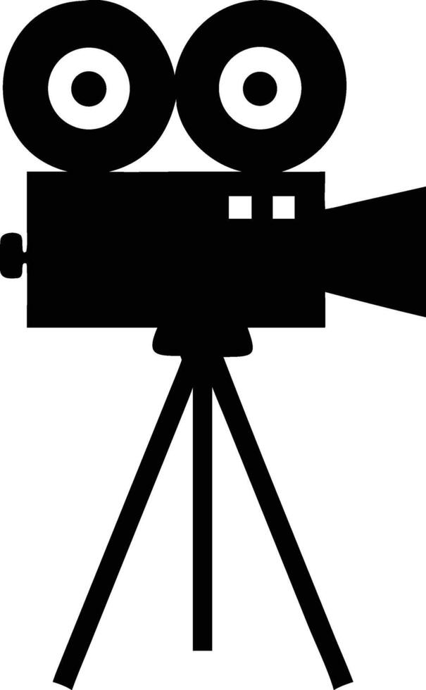 An old movie camera stands upright in black silhouette with a white backdrop vector