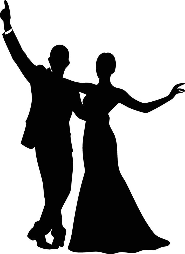 A couple enjoys a celebratory dance together as seen in their black silhouette form vector
