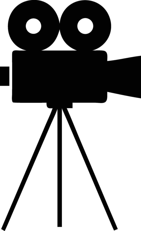 Black silhouette portrays a classic film camera supported by a steady tripod stand vector