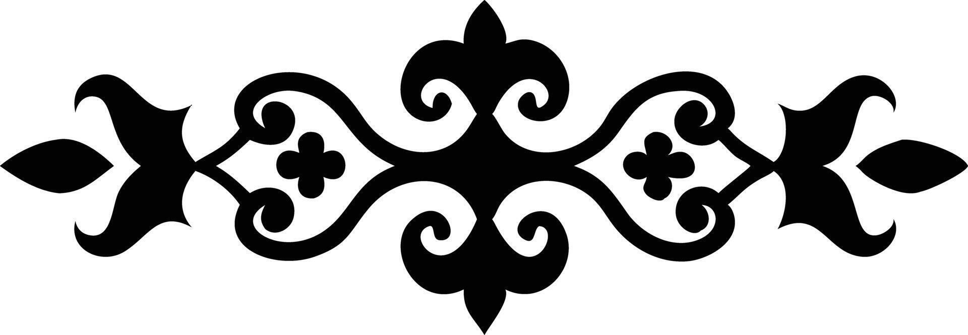 A symmetrical floral ornament in black features flourishes and stylized flowers, isolated on white vector