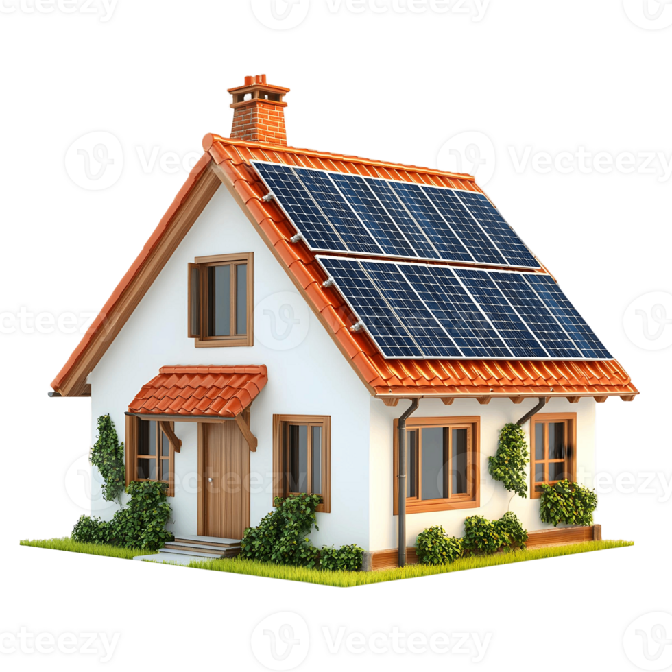 Compact 3D House with Red Roof and Energy Panels png