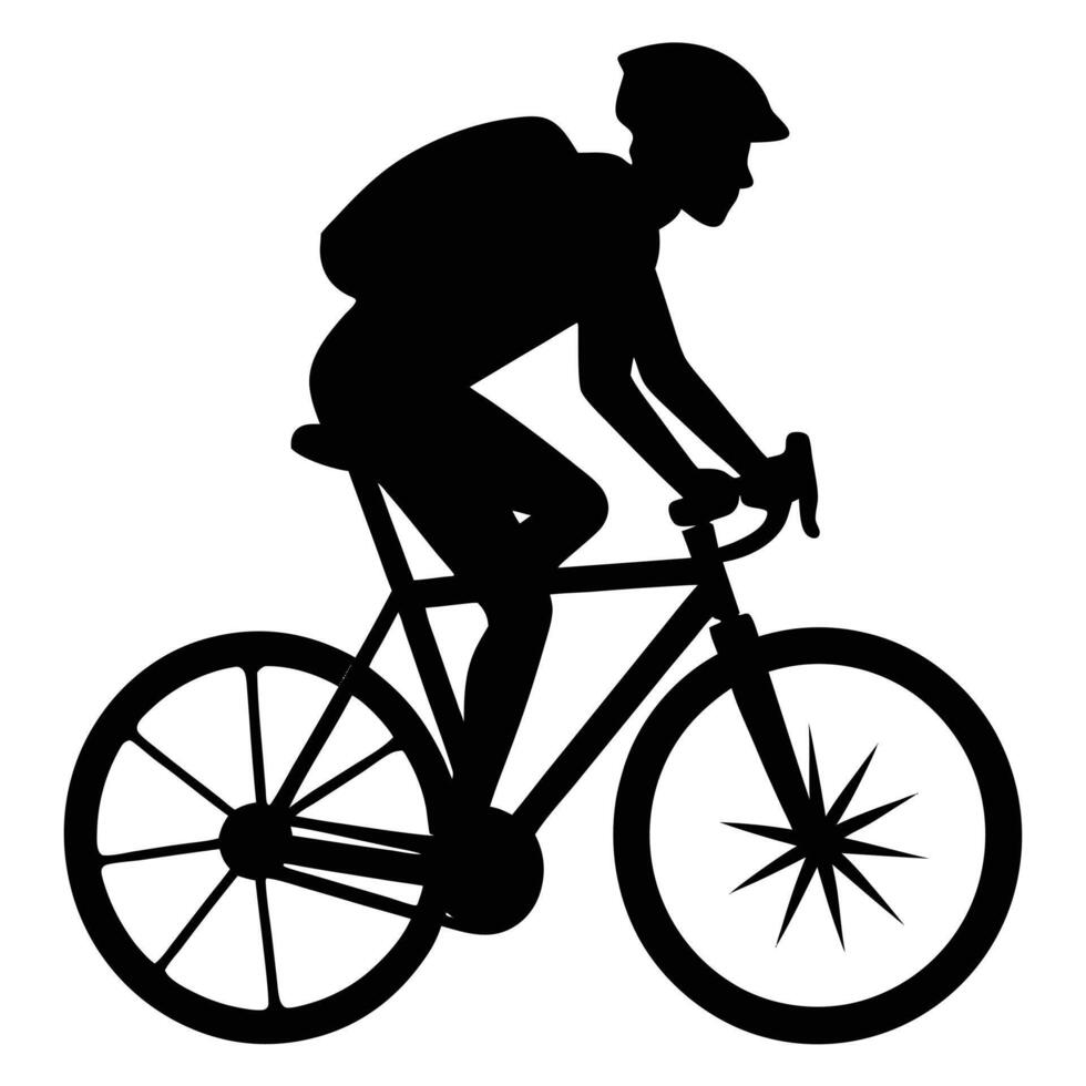 Silhouette depicts a person riding a bicycle with a helmet and backpack, showing physical fitness vector
