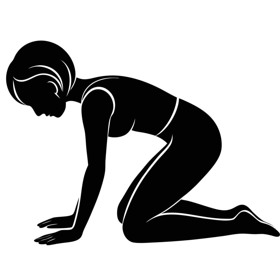 Silhouette of a slender girl poses on knees, bending forward in simple form vector