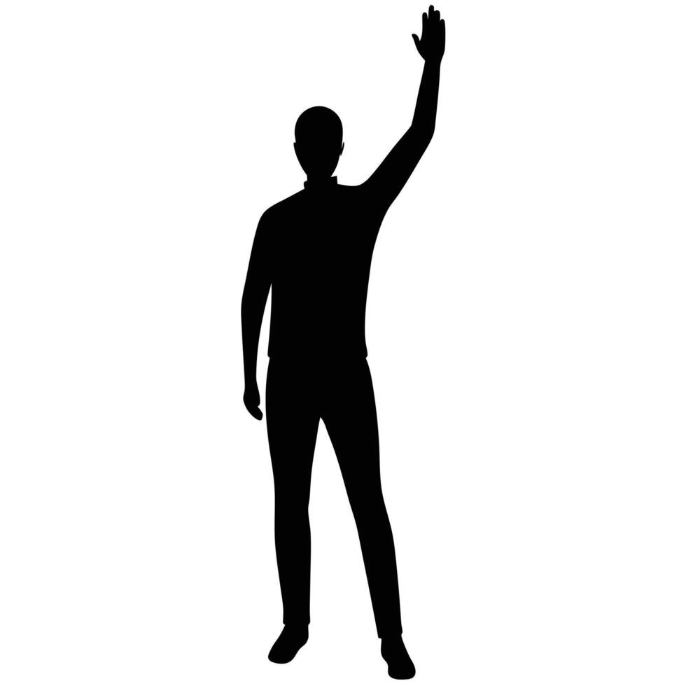 Silhouette presents an adult man standing, arm raised in a greeting gesture vector