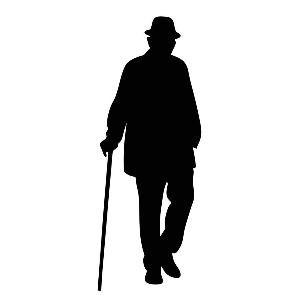 Silhouette shows an elder African man walking with a cane wearing a hat vector