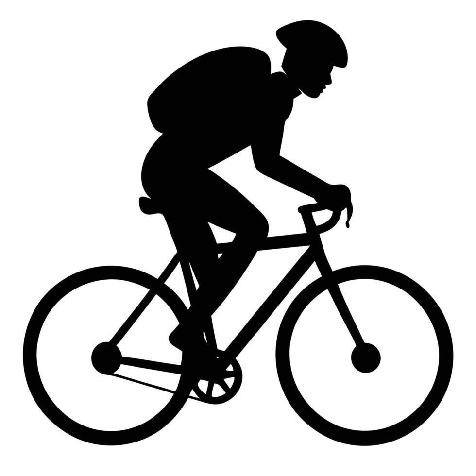 Black silhouette depicts biker with helmet and backpack riding bicycle rapidly forward vector