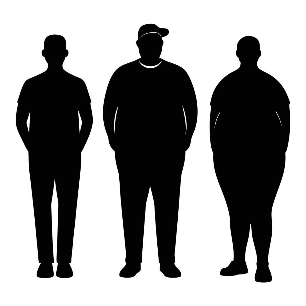 Silhouette depicts three men of varying builds standing with their hands casually in pockets vector