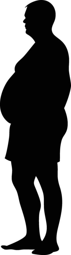 Silhouette reveals overweight man standing in shorts, showcasing obesity concerns, viewed from side vector
