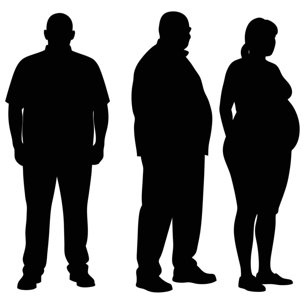 Overweight people stand calmly, featuring one pregnant woman, all depicted as black silhouettes against the background vector