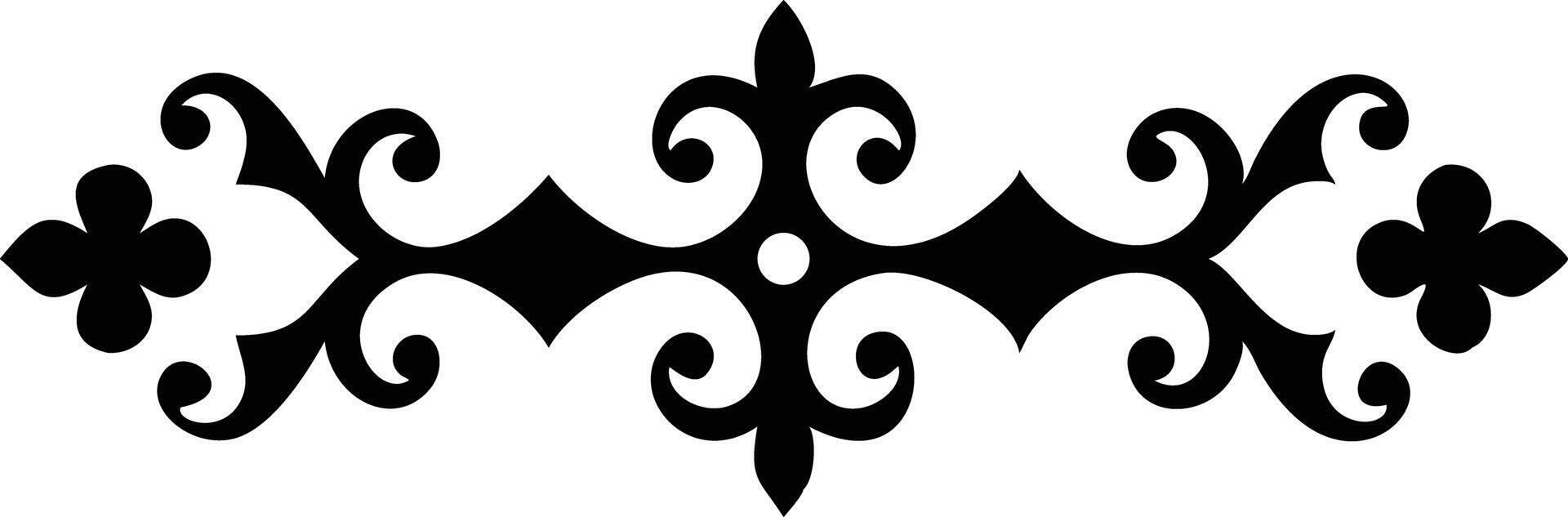 Symmetric black floral divider features ornate curls, petal shapes, and a central dot vector