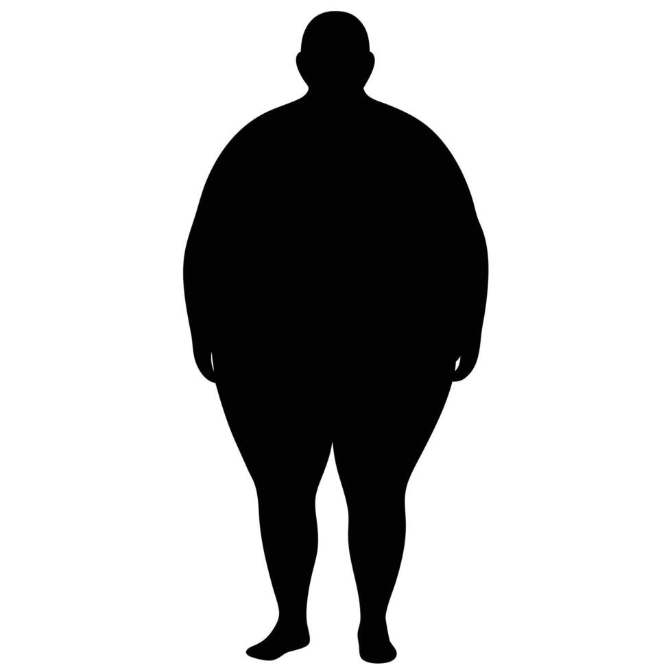 Full body silhouette depicts an overweight man standing barefoot against a white background vector