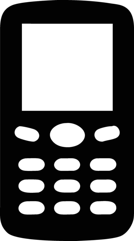 A black cell phone with a white screen features numeric keypad buttons below vector