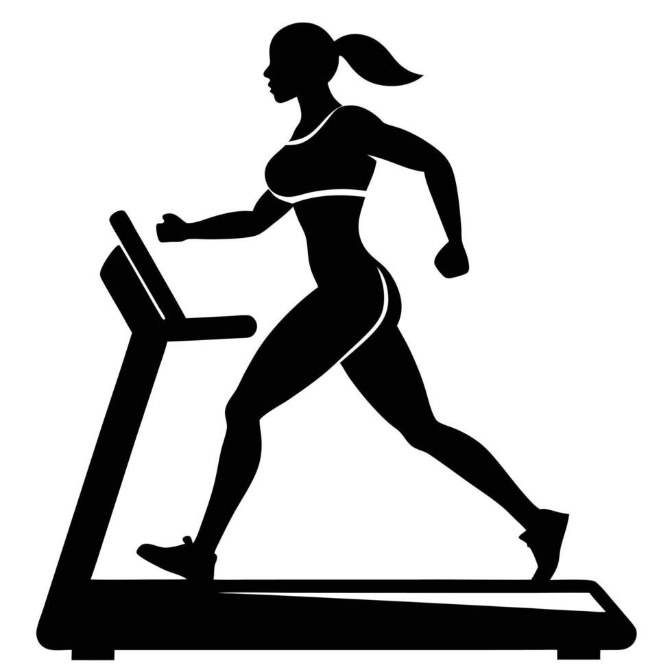 Silhouette of a sporty woman running on a treadmill wearing a top and ponytail vector