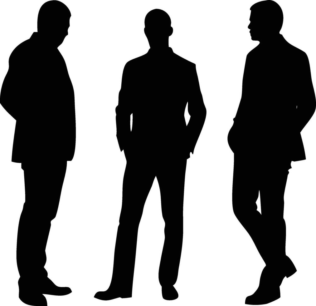 Three monochrome suited figures stand confidently, creating impactful male silhouettes against white vector
