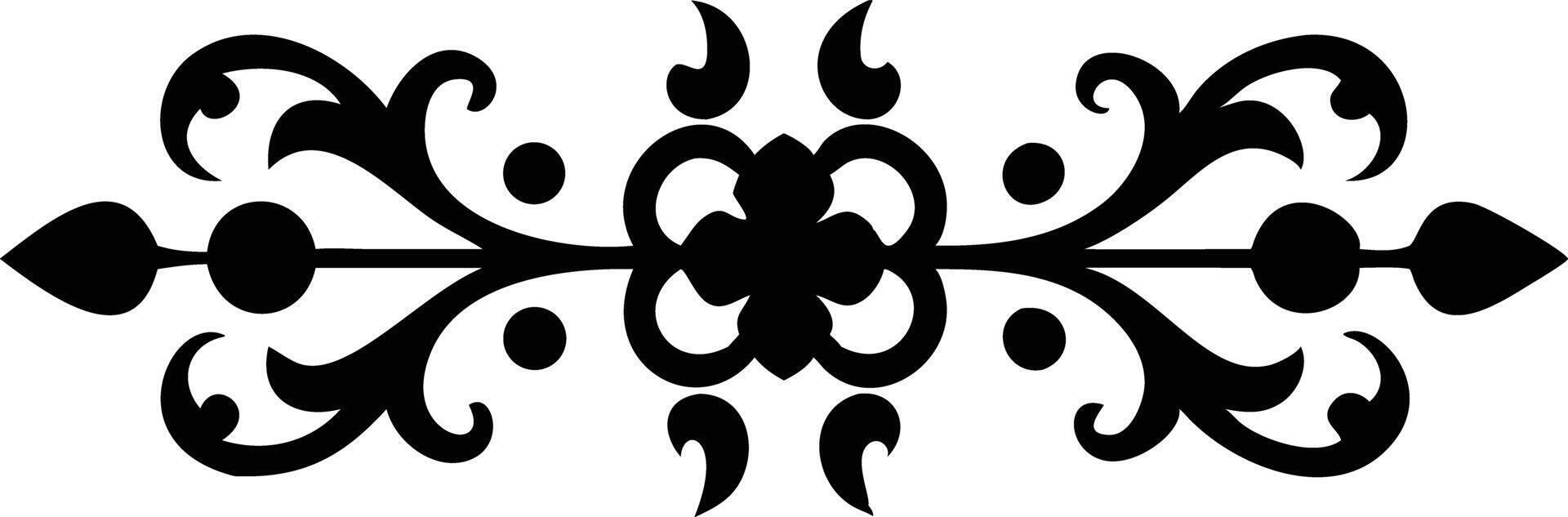 Symmetrical black ornamental flourish features floral elements, curves, and pointed ends on the horizontal divider vector