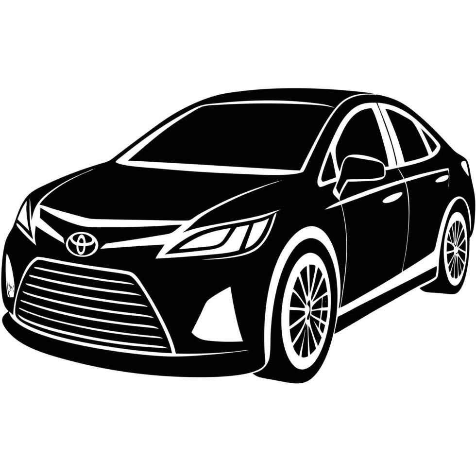 Sleek silhouette of a modern sedan showcases prominent features, rendered entirely in black and white vector